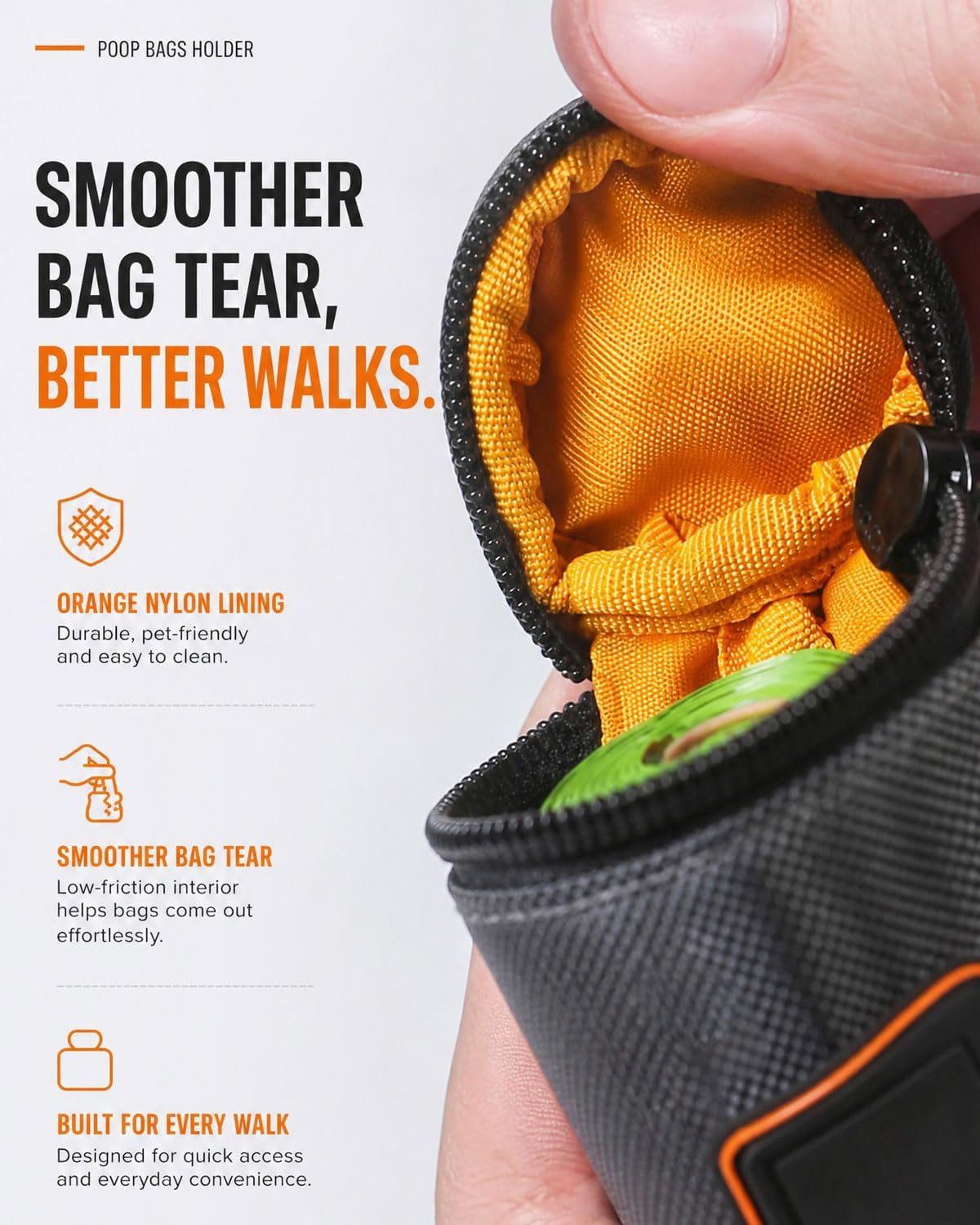 1680D Oxford Dog Poop Bag Holder with Clip for Leash or Belt, Dark Gray | with 15Pcs Dog Waste Bags-1 Roll | Smoothly YKK Zipper | Orange Lining | Reinforced Sewing,More Durable | Color Box Package