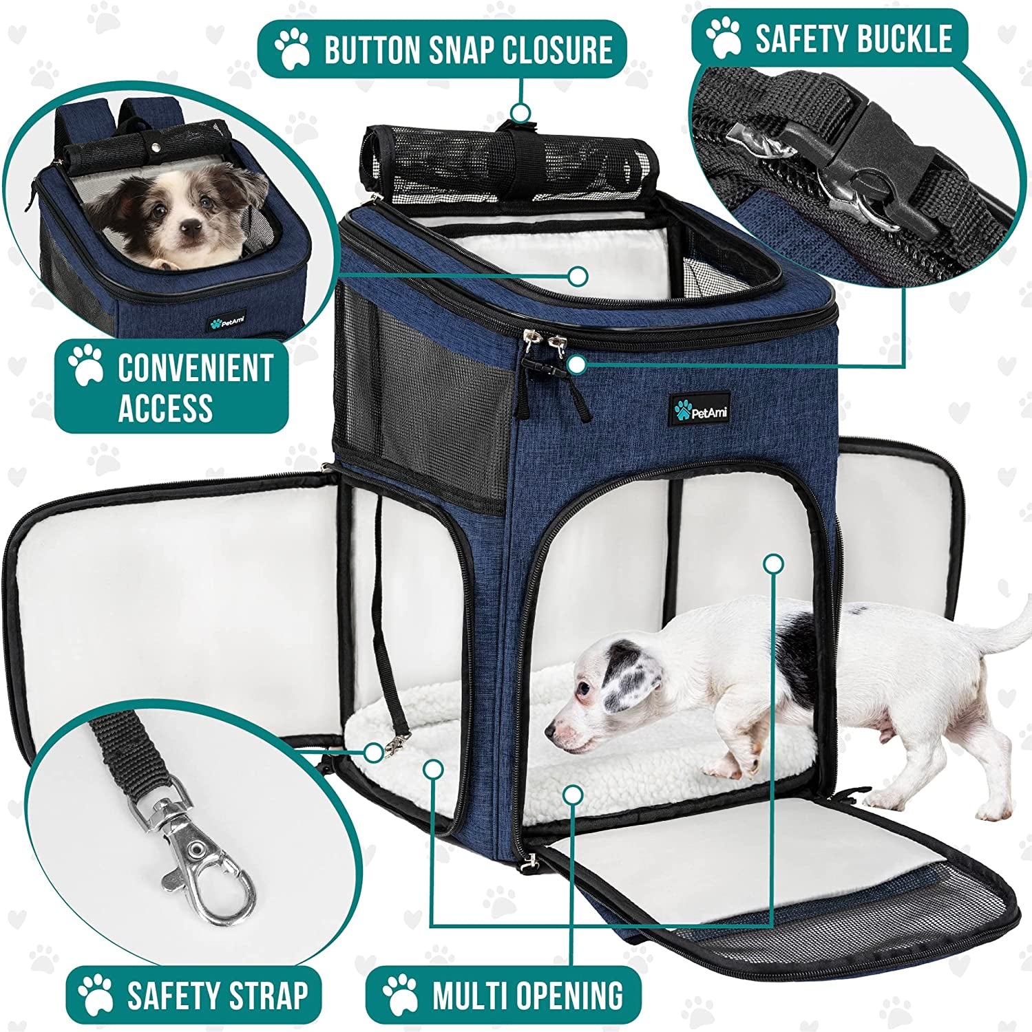 Dog Backpack Carrier, Airline Approved 4-Way Entry Cat Backpack Carrier, Ventilated Mesh, Collapsible Pet Carrier for Small Puppy, Kitten, Hiking, Travel Car, Vet, up to 18 Lbs, Navy Blue