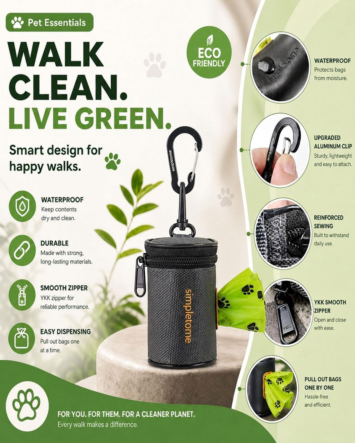 1680D Oxford Dog Poop Bag Holder with Clip for Leash or Belt, Dark Gray | with 15Pcs Dog Waste Bags-1 Roll | Smoothly YKK Zipper | Orange Lining | Reinforced Sewing,More Durable | Color Box Package