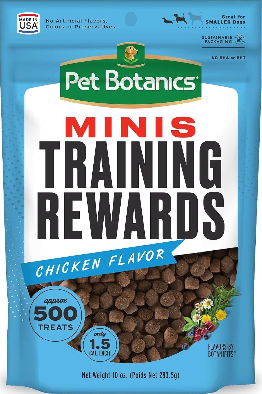 10 Oz. Pouch Training Reward Mini Soft & Chewy, Chicken Flavor, with 500 Treats per Bag, the Choice of Top Trainers | High-Value Reward for Positive Reinforcement, Botanifits Botanical Blend, Only 1.5 Calories per Treat, No BHA or BHT