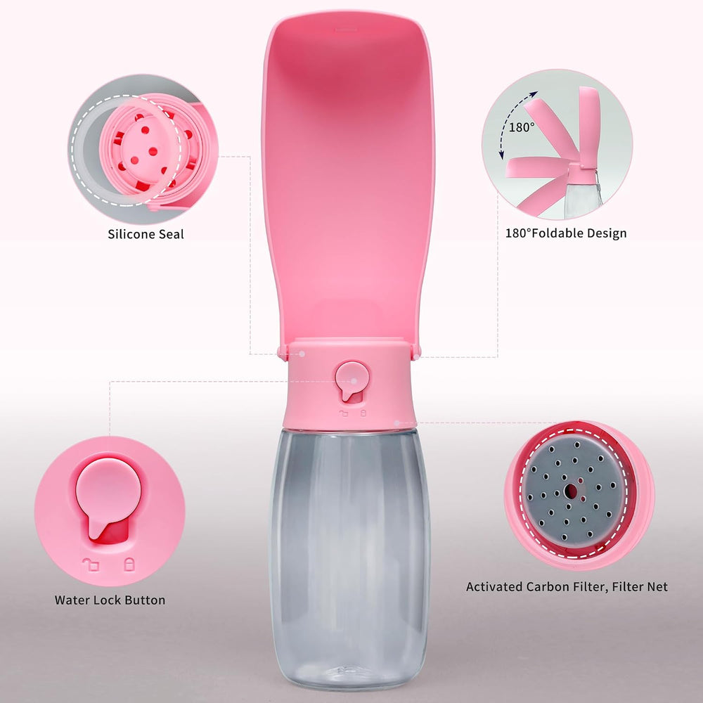 Portable Dog Water Bottle 19Oz Pink | Foldable Pet Water Dispenser, Food Grade Plastic, Ease to Use for Outdoor Walking, Hiking, Travel
