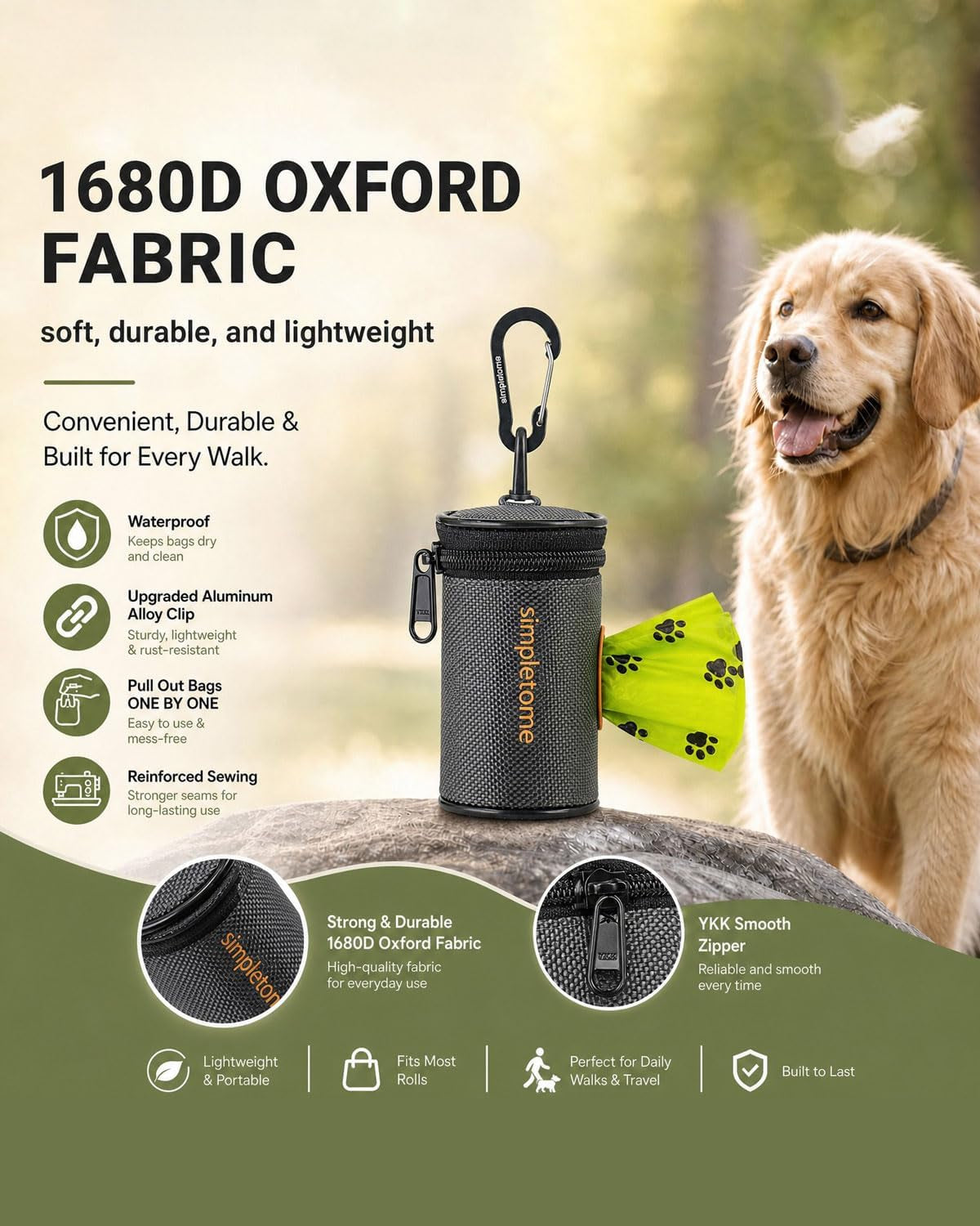 1680D Oxford Dog Poop Bag Holder with Clip for Leash or Belt, Dark Gray | with 15Pcs Dog Waste Bags-1 Roll | Smoothly YKK Zipper | Orange Lining | Reinforced Sewing,More Durable | Color Box Package