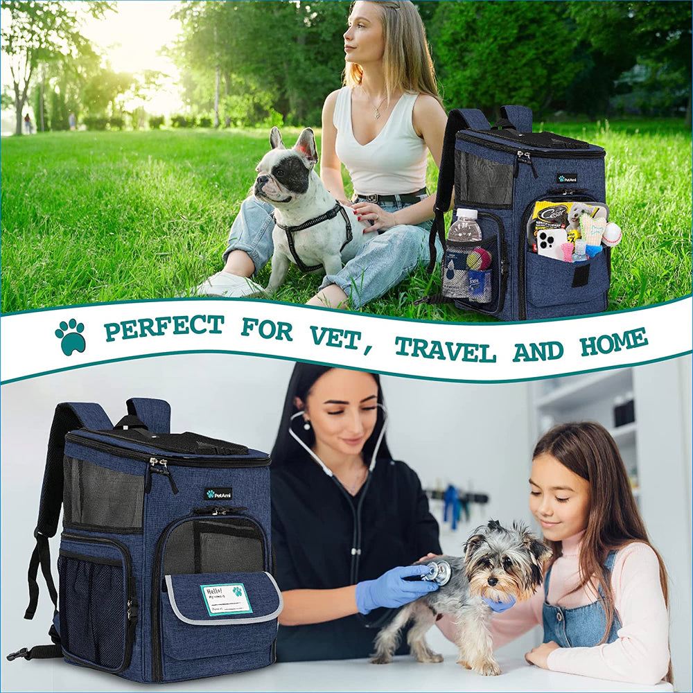 Dog Backpack Carrier, Airline Approved 4-Way Entry Cat Backpack Carrier, Ventilated Mesh, Collapsible Pet Carrier for Small Puppy, Kitten, Hiking, Travel Car, Vet, up to 18 Lbs, Navy Blue