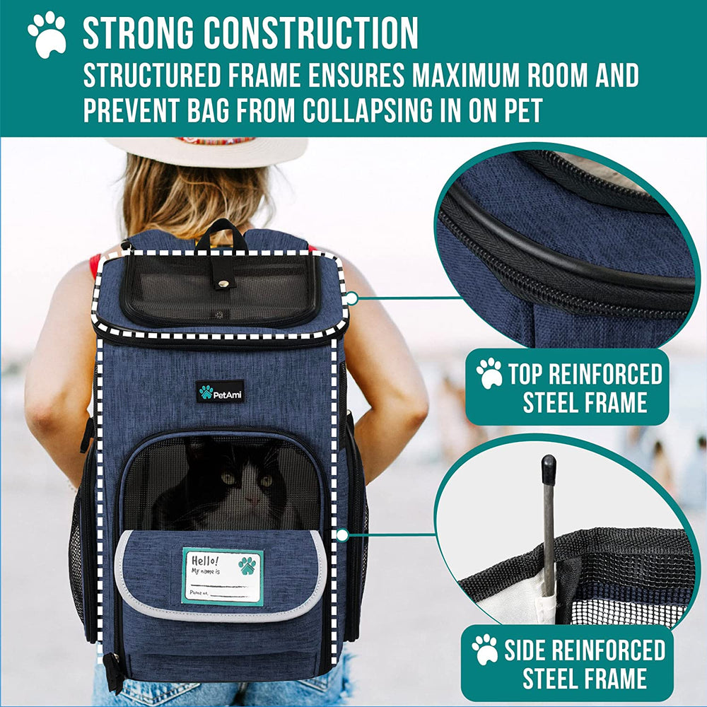 Dog Backpack Carrier, Airline Approved 4-Way Entry Cat Backpack Carrier, Ventilated Mesh, Collapsible Pet Carrier for Small Puppy, Kitten, Hiking, Travel Car, Vet, up to 18 Lbs, Navy Blue