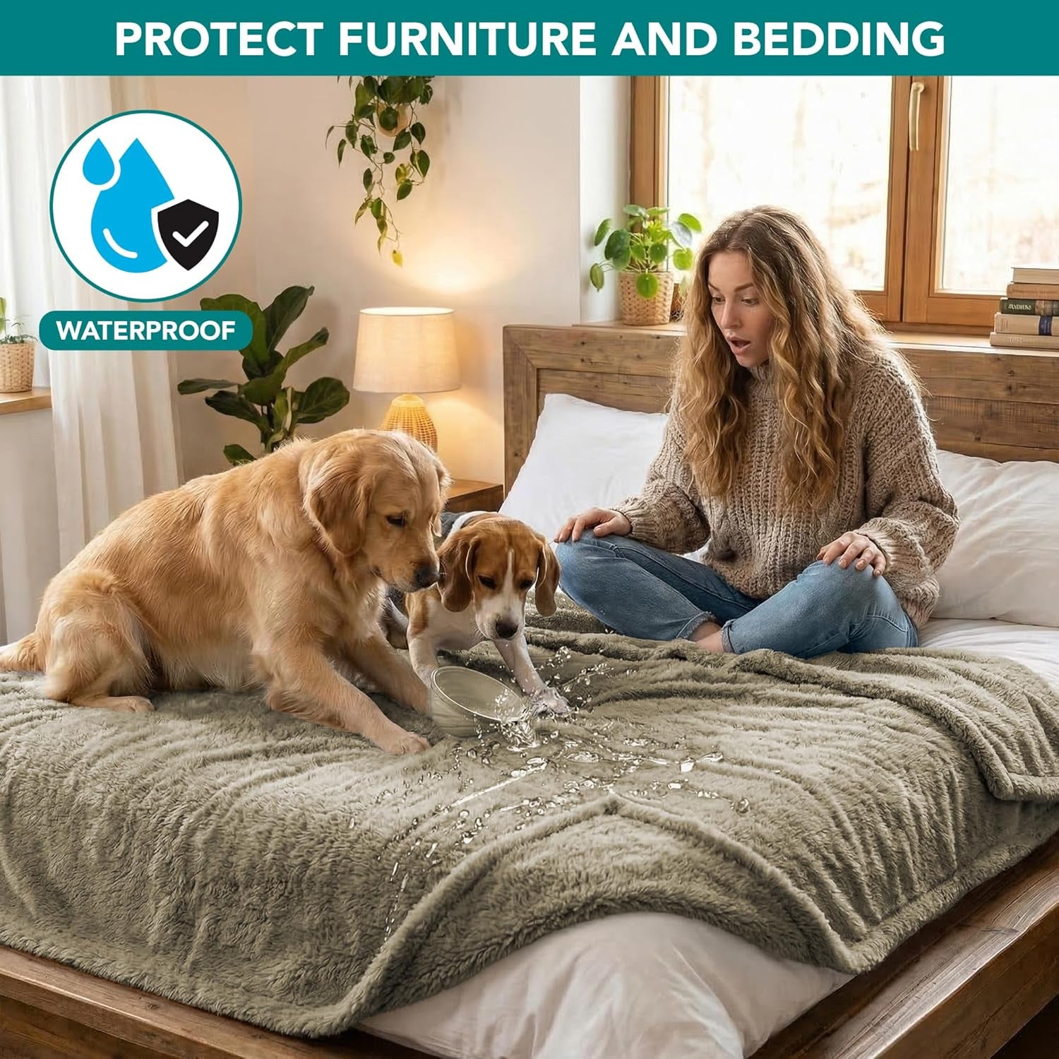 Fluffy Sherpa Waterproof Dog Blanket for Large Pet Cat, 60X80, Taupe | Soft & Warm & Washable; Leafproof Couch Sofa Protector for Small Medium Large Pet; Pee Proof Cover for Crate Kennel Car Seat