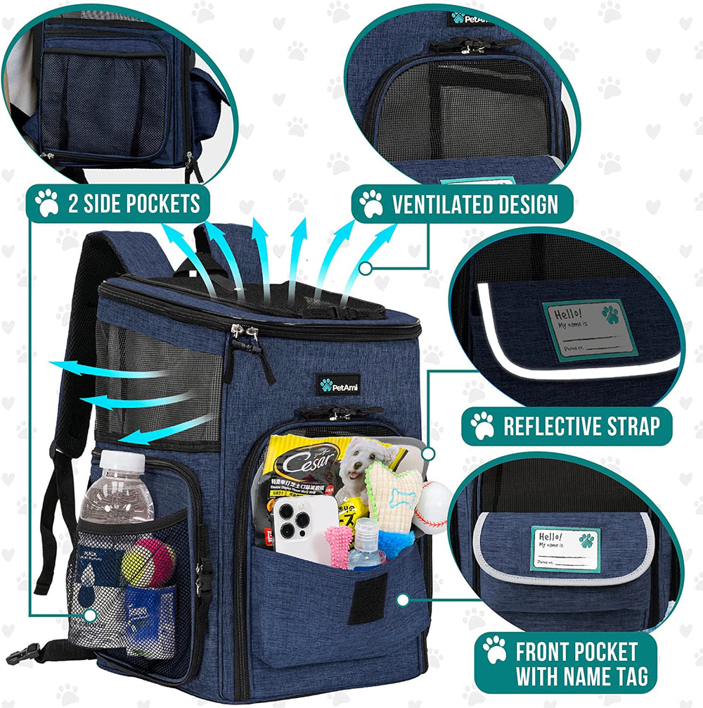 Dog Backpack Carrier, Airline Approved 4-Way Entry Cat Backpack Carrier, Ventilated Mesh, Collapsible Pet Carrier for Small Puppy, Kitten, Hiking, Travel Car, Vet, up to 18 Lbs, Navy Blue