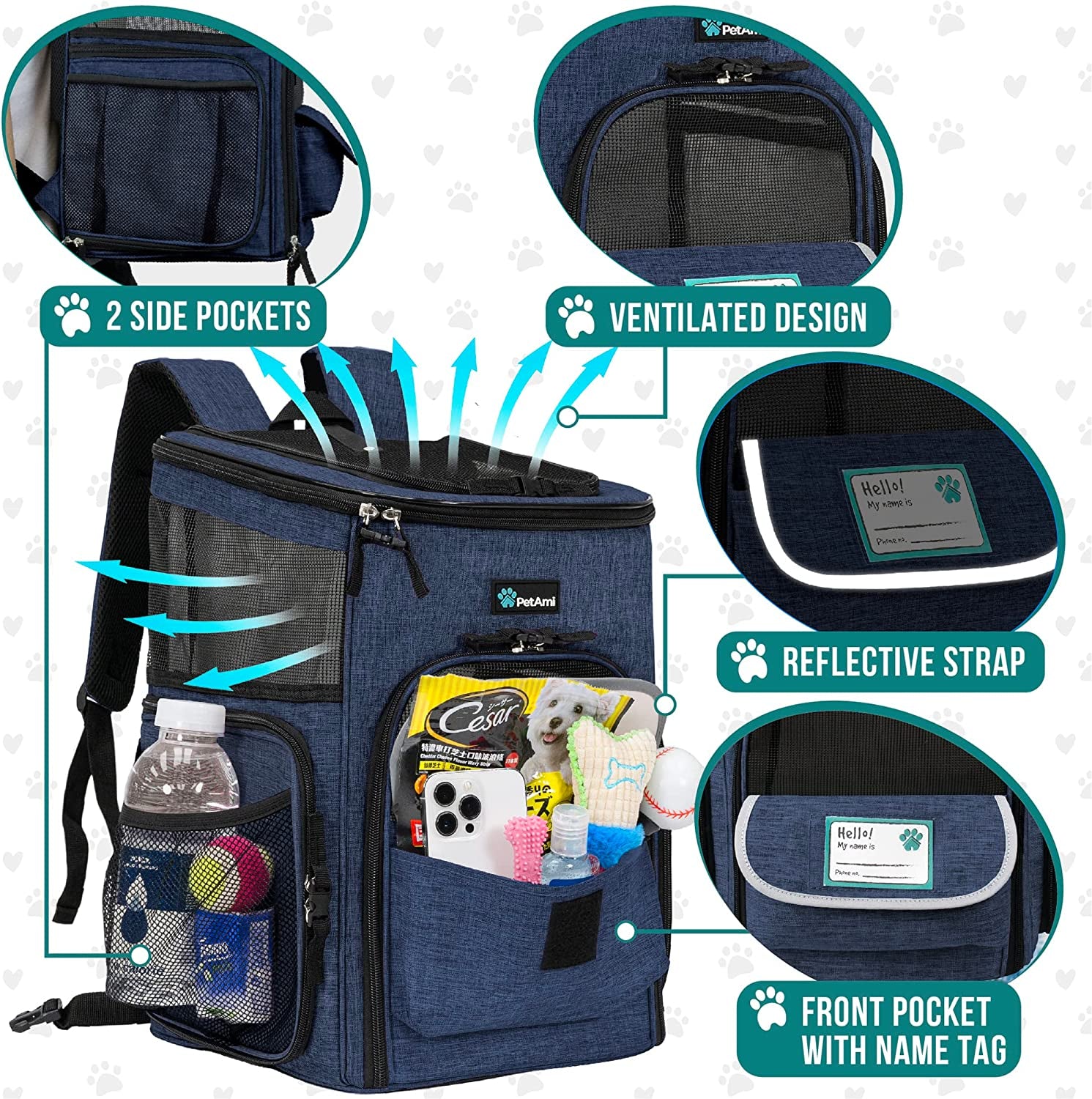 Dog Backpack Carrier, Airline Approved 4-Way Entry Cat Backpack Carrier, Ventilated Mesh, Collapsible Pet Carrier for Small Puppy, Kitten, Hiking, Travel Car, Vet, up to 18 Lbs, Navy Blue