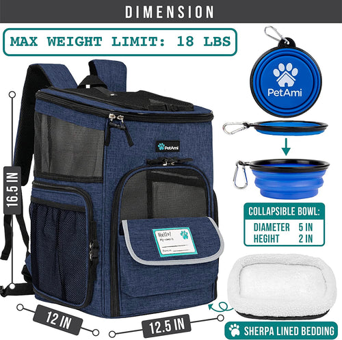 Dog Backpack Carrier, Airline Approved 4-Way Entry Cat Backpack Carrier, Ventilated Mesh, Collapsible Pet Carrier for Small Puppy, Kitten, Hiking, Travel Car, Vet, up to 18 Lbs, Navy Blue