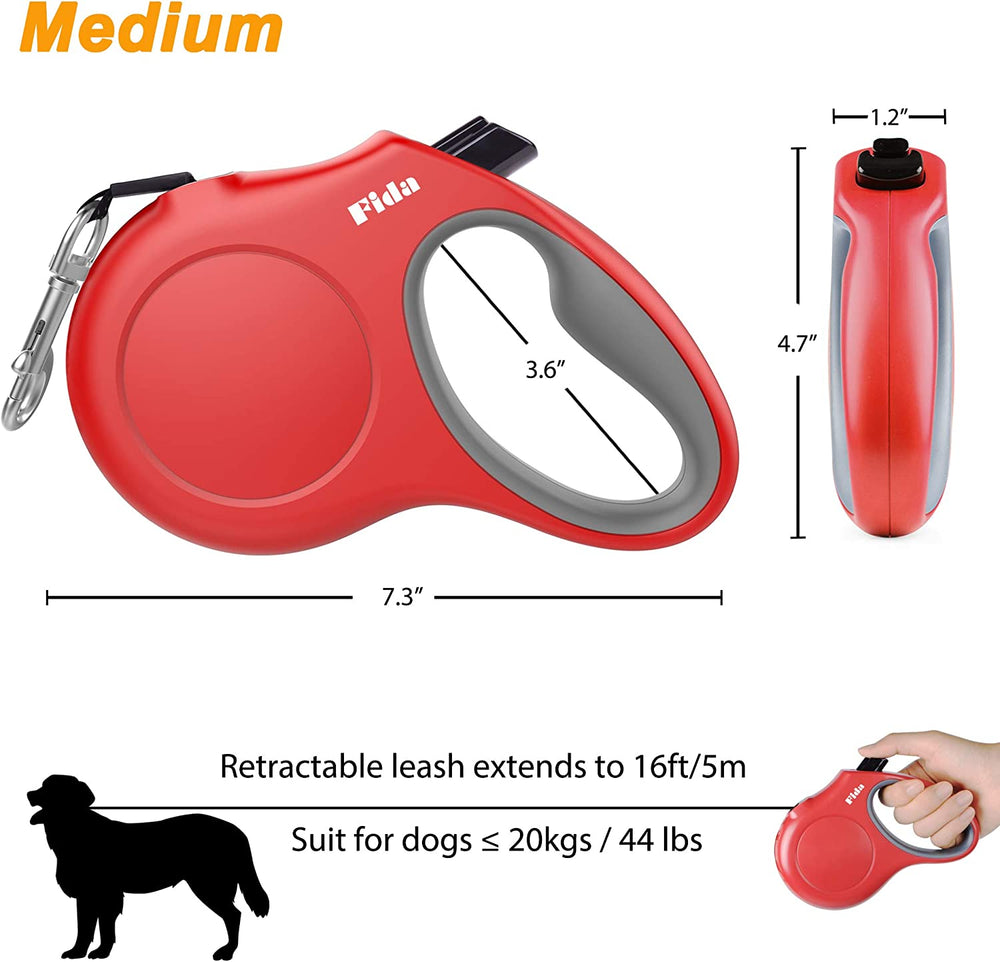 Retractable Dog Leash with Dispenser and Poop Bags, 16 Ft, Red | Pet Walking Leash for Medium Dog or Cat up to 44 Lbs, Anti-Slip Handle, Tangle Free, Reflective Nylon Tape