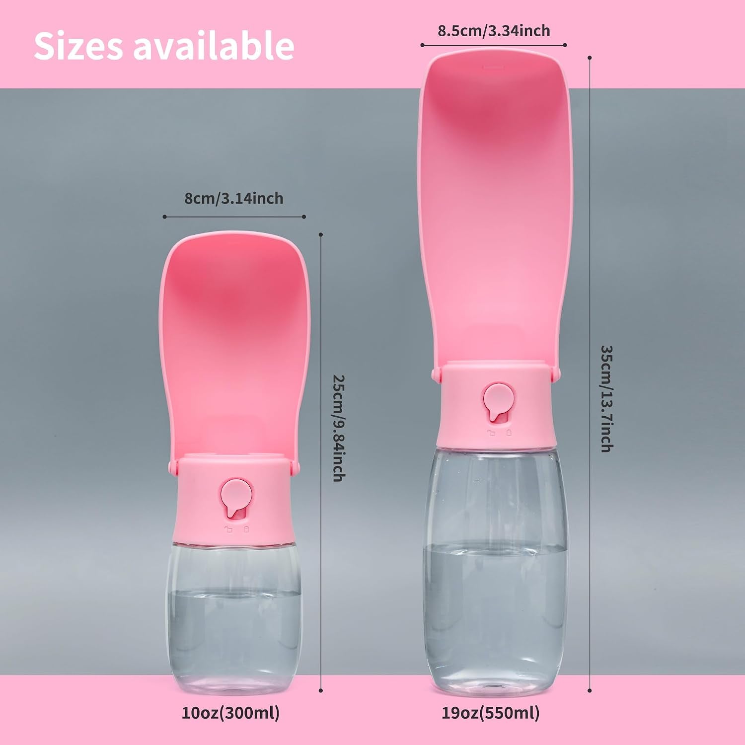 Portable Dog Water Bottle 19Oz Pink | Foldable Pet Water Dispenser, Food Grade Plastic, Ease to Use for Outdoor Walking, Hiking, Travel