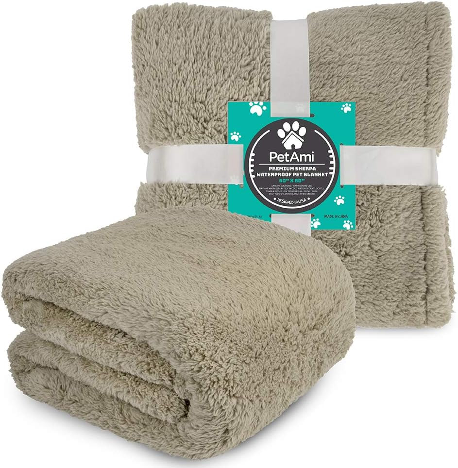 Fluffy Sherpa Waterproof Dog Blanket for Large Pet Cat, 60X80, Taupe | Soft & Warm & Washable; Leafproof Couch Sofa Protector for Small Medium Large Pet; Pee Proof Cover for Crate Kennel Car Seat